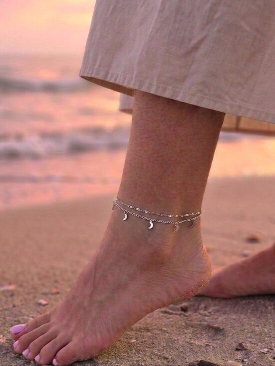 Jewelry - ​Silver Double Layer Crescent Moon Charm Anklet